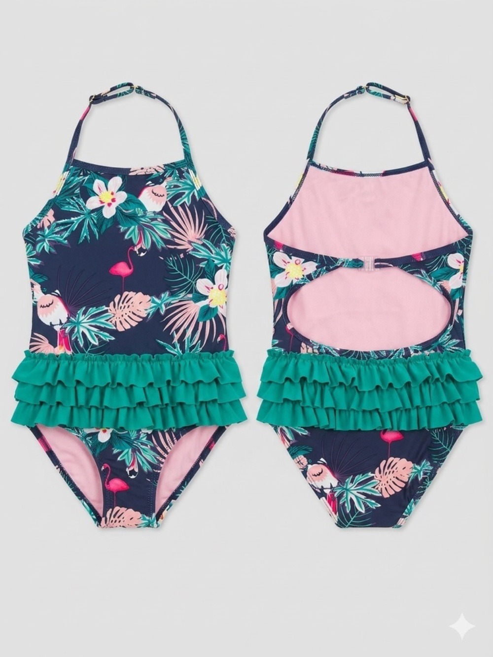 Appaman Navy Floral One-Piece with Pink Lining & Teal Ruffle